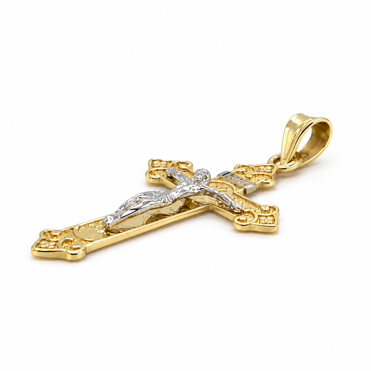Goldkreuz mit Jesus aus 585 Gold in Gelbgold und Weißgold – Schrägansicht