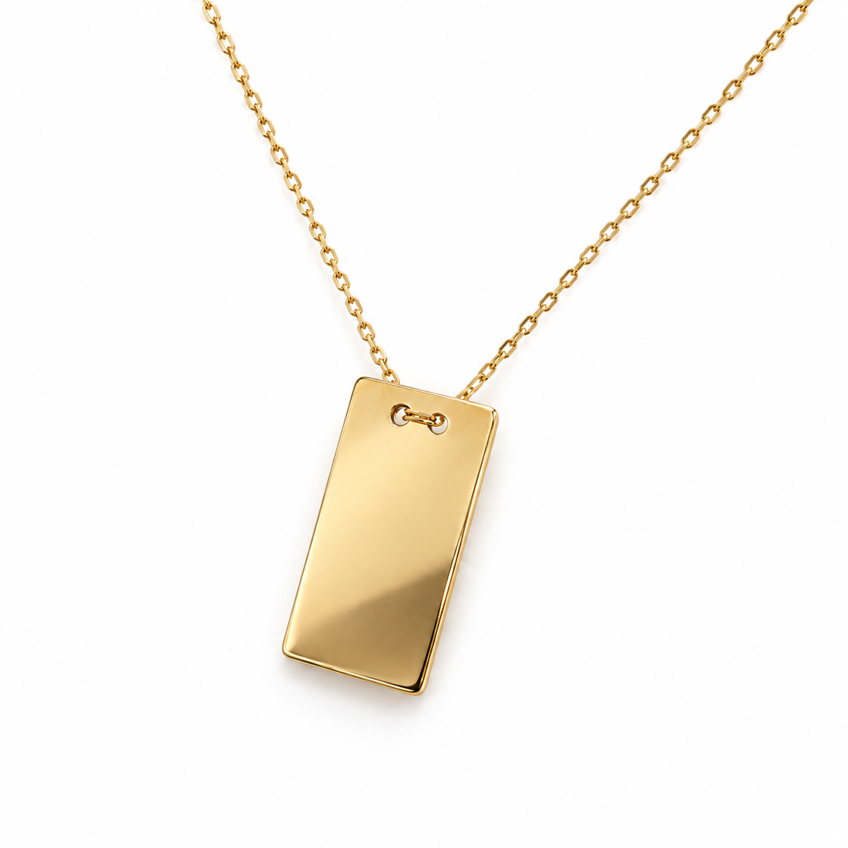 Gravurkette aus 585 Gelbgold mit rechteckiger Gravurplatte – Schrägansicht