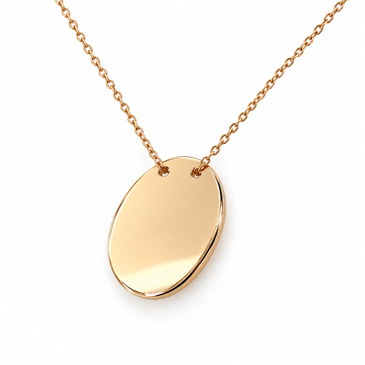 Runde Gravurplatte aus 585 Roségold an feiner 42 cm Kette – Schrägansicht