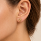 Kleiner Herz-Ohrstecker aus 585 Gelbgold mit filigranem Durchbruchmuster und ca. 5,5 mm Größe am Ohr getragen.