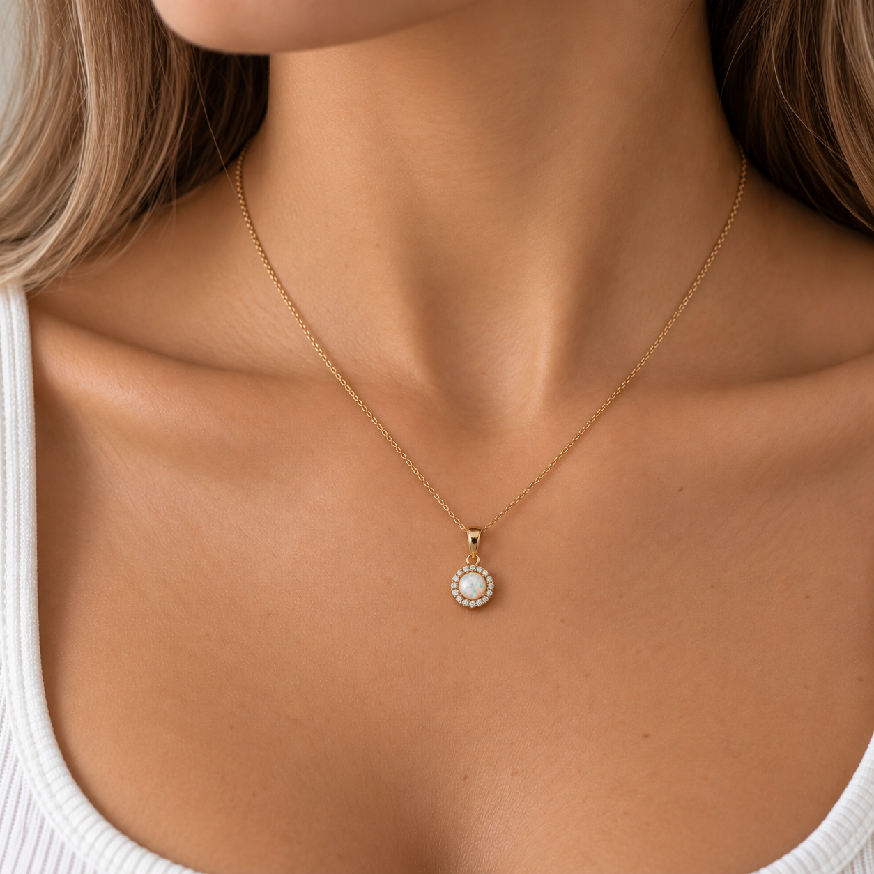 Kette aus 585 Gelbgold mit Zirkonia Halo-Anhänger getragen
