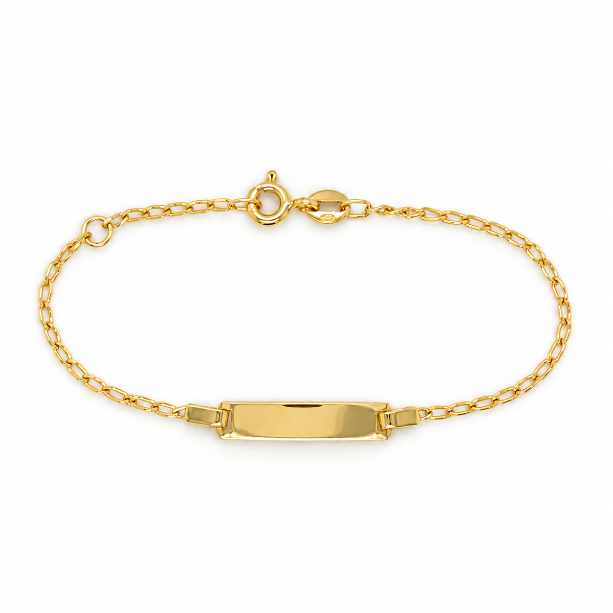 Kinderarmband 585/- Gelbgold mit Gravurplatte und Panzermuster