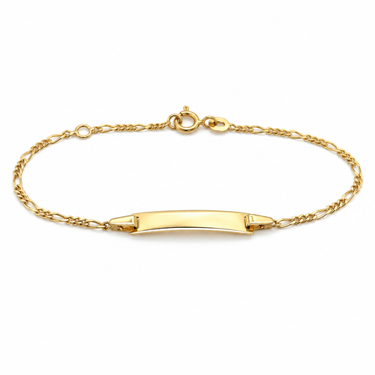 Kinder Gravurarmband aus 585 Gelbgold mit ID-Platte und Figarokette in Frontansicht