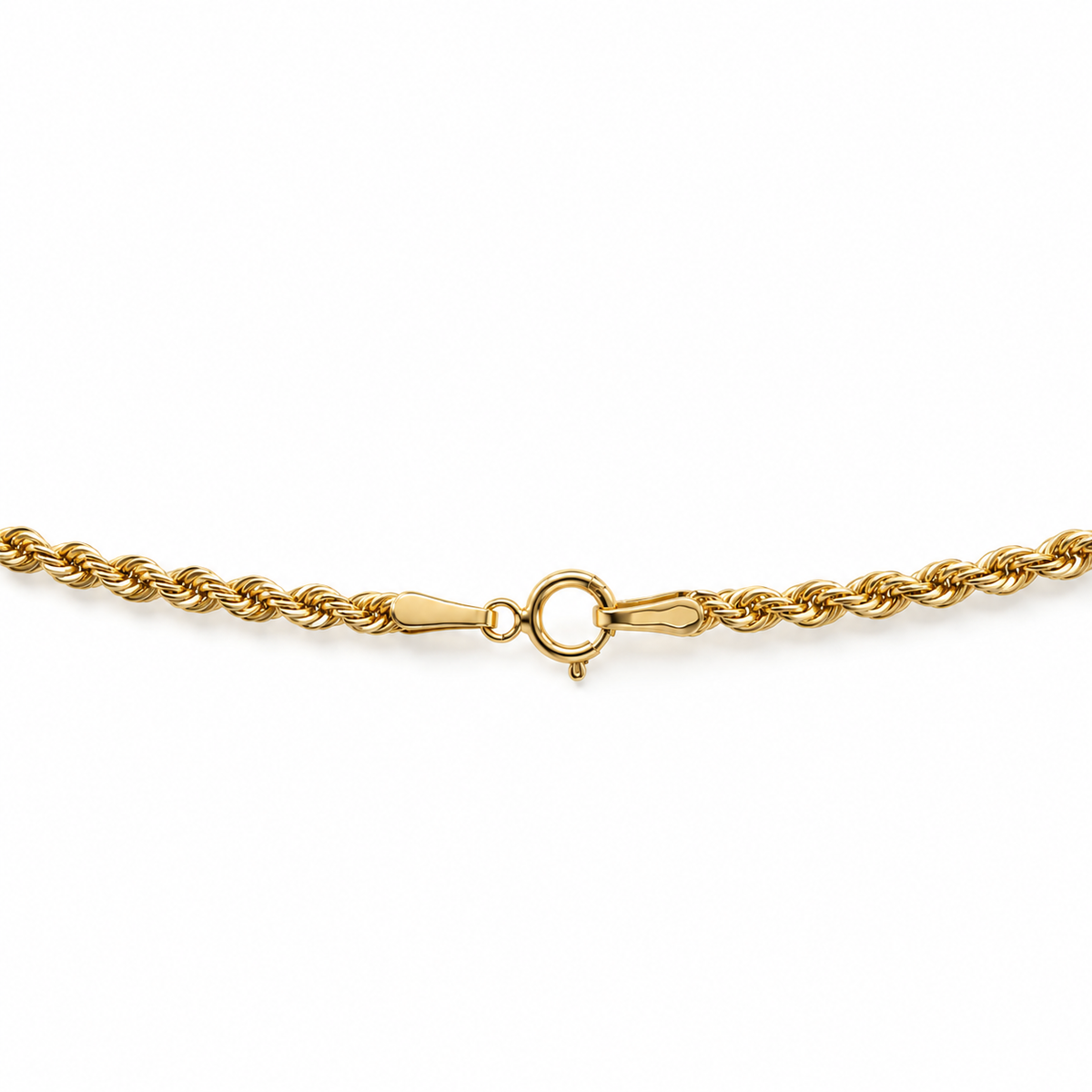 Nahaufnahme des Federringverschlusses und der Kettenenden einer Kordelkette aus 585 Gelbgold.