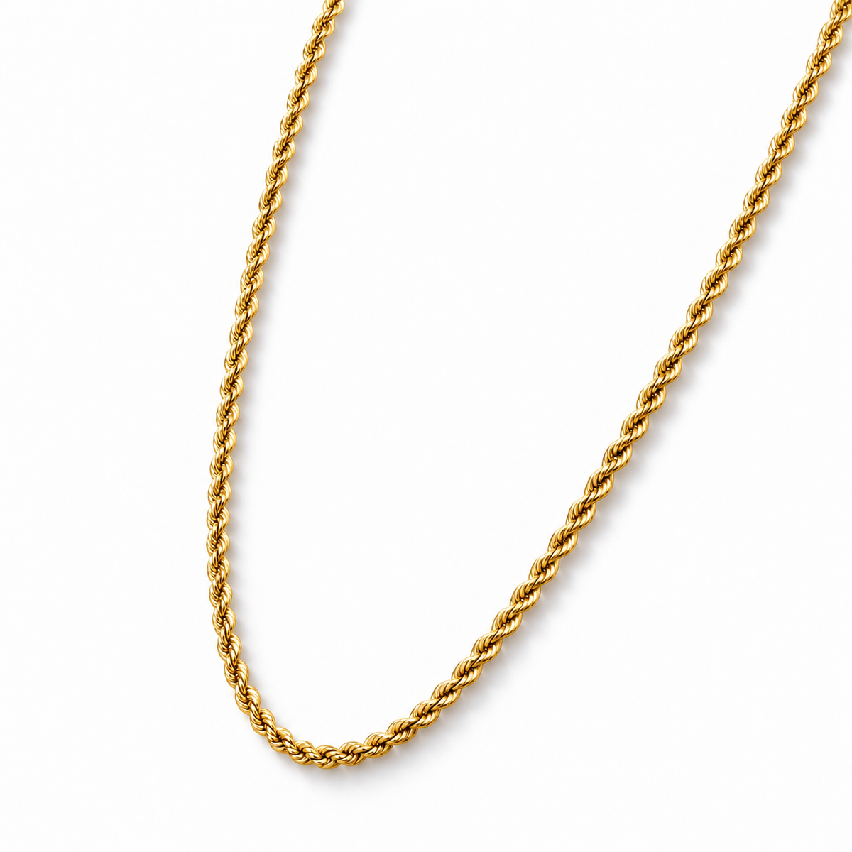 Glänzend polierte Kordelkette aus 585 Gelbgold in Schrägansicht mit gleichmäßig gedrehtem Kettenmuster.