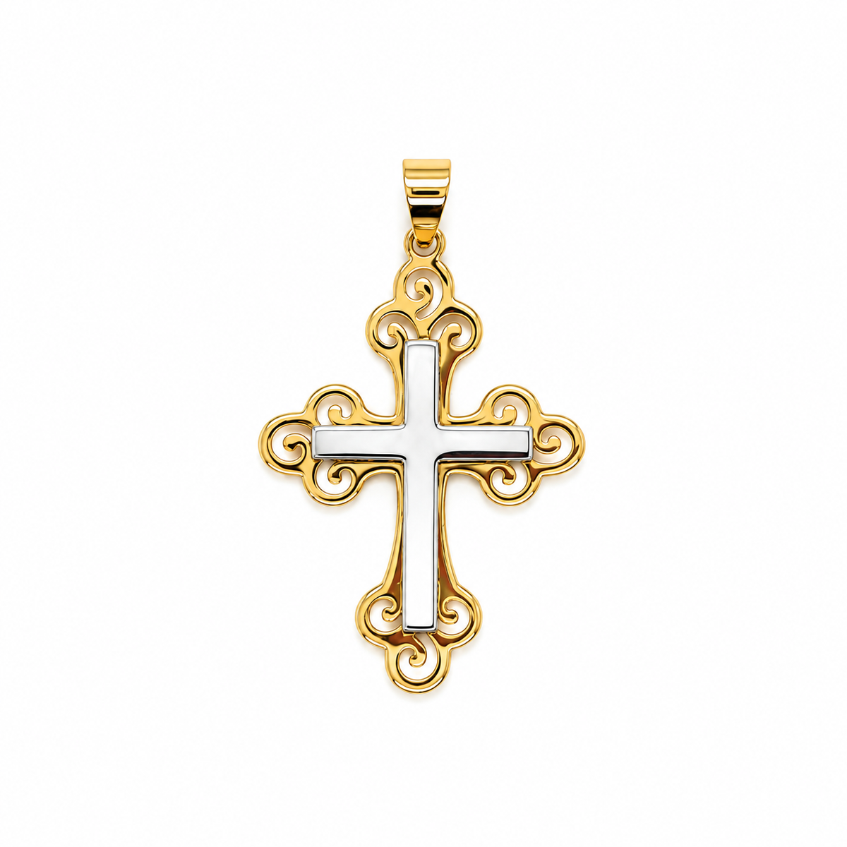 Kreuz Anhänger aus 585 Gelbgold und Weißgold in Bicolor-Optik Frontansicht