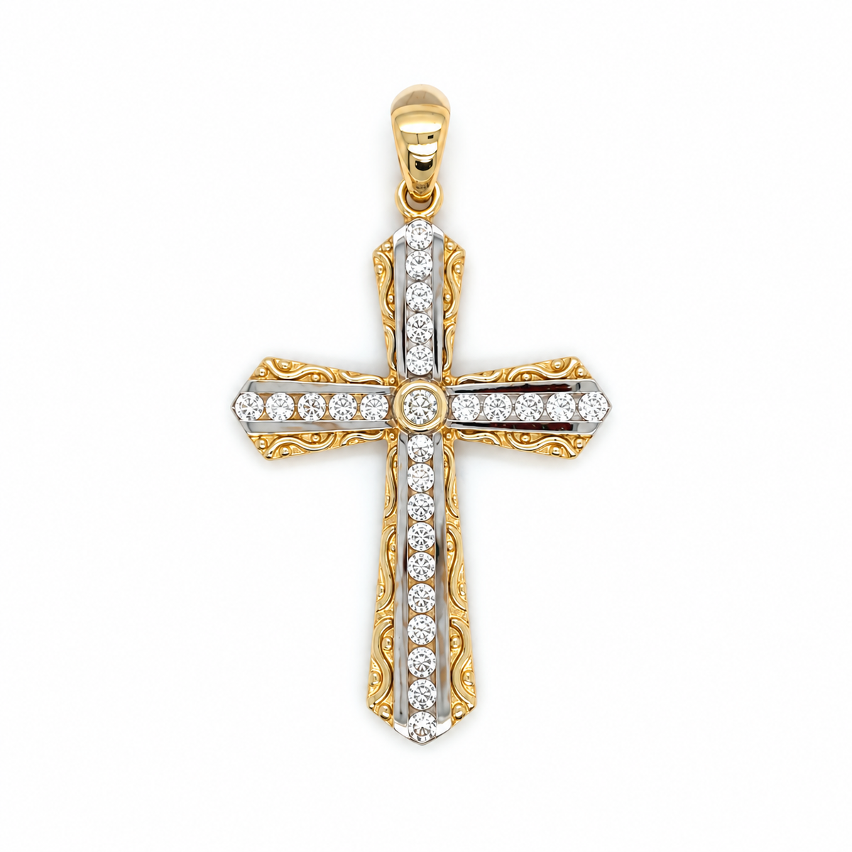 Kreuz Anhänger aus 585 Gold mit Zirkonia in Gelbgold und Weißgold Frontansicht