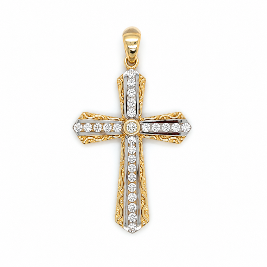 Kreuz Anhänger aus 585 Gold mit Zirkonia in Gelbgold und Weißgold Frontansicht