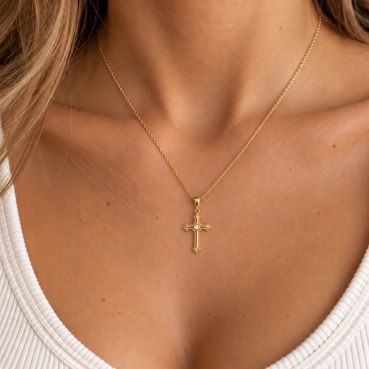 Kreuz Anhänger 585 Gold mit Zirkonia getragen an feiner Goldkette