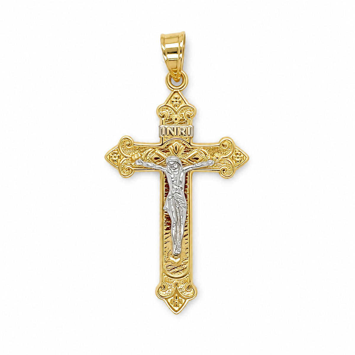 Kreuz Anhänger mit Jesus aus 585 Gelbgold und Weißgold Bicolor – Frontansicht