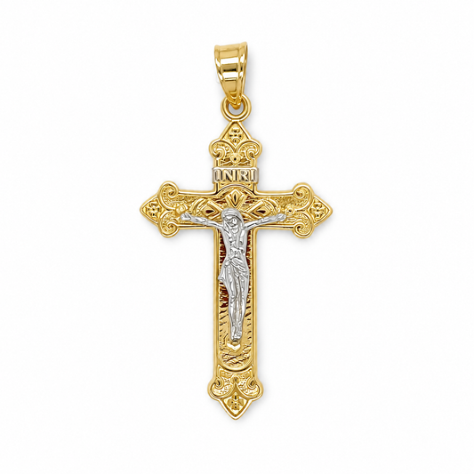 Kreuz Anhänger mit Jesus aus 585 Gelbgold und Weißgold Bicolor – Frontansicht