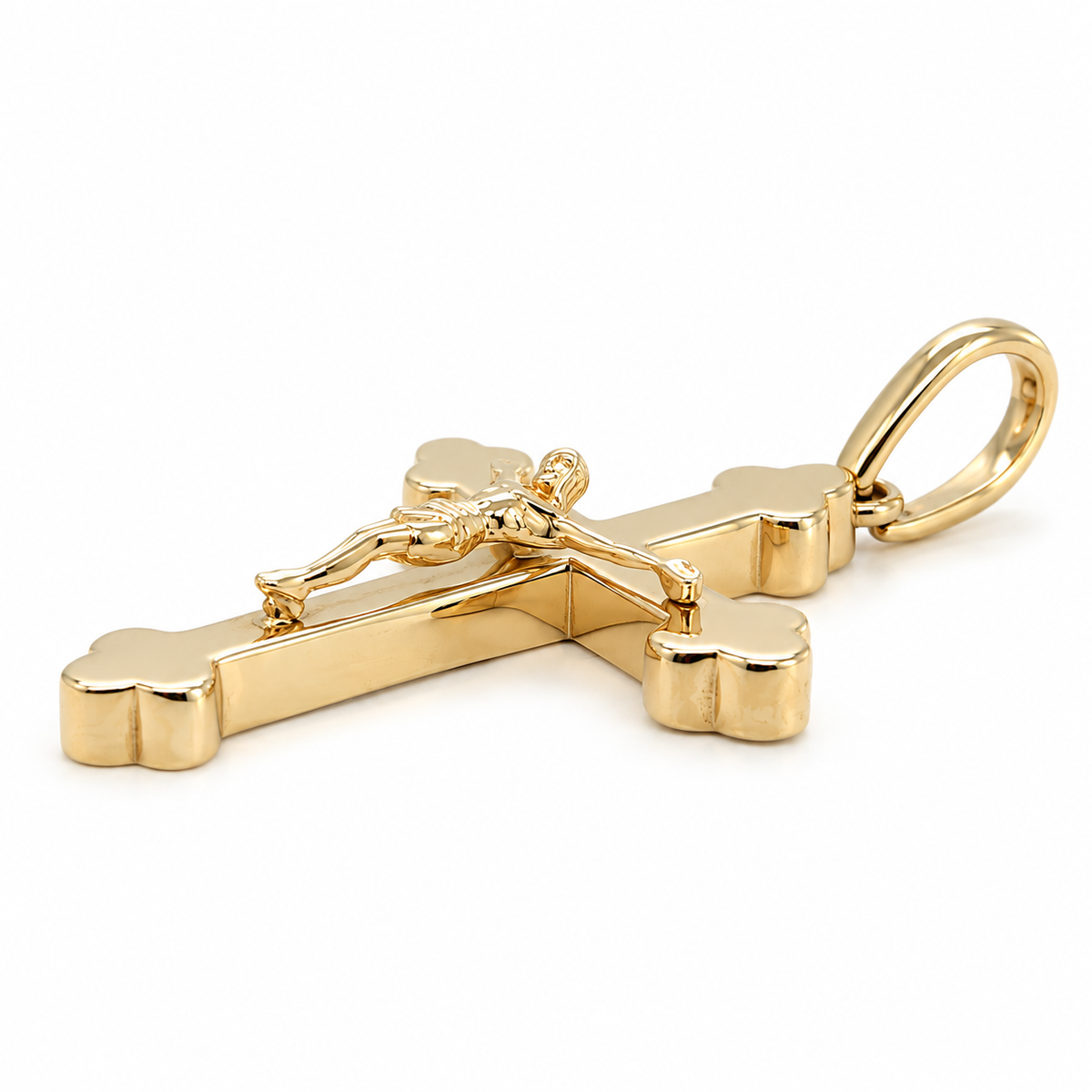 Kreuz Anhänger mit Jesus aus 585 Gold – Kruzifix in Schrägansicht