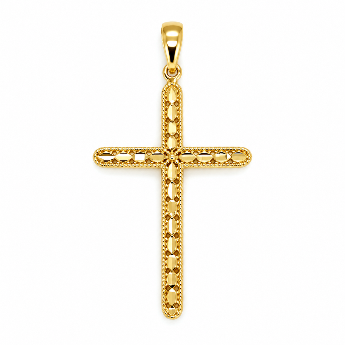 Diamantiertes Goldkreuz aus 585 Gelbgold mit facettierter Oberfläche – Frontansicht