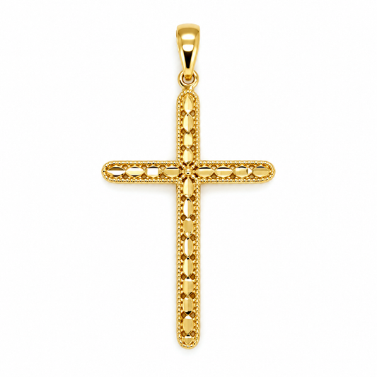 Diamantiertes Goldkreuz aus 585 Gelbgold mit facettierter Oberfläche – Frontansicht
