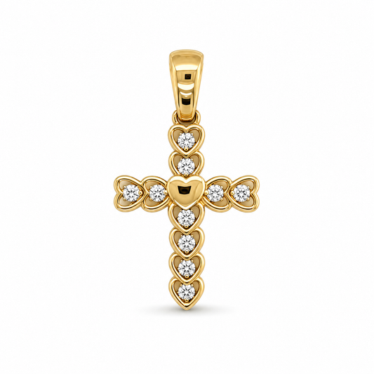 Kreuzanhänger 585 Gelbgold mit Zirkonia und herzförmigen Details Frontansicht