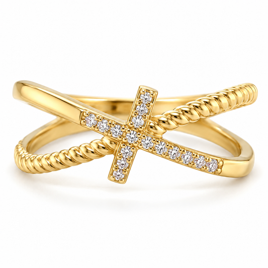 Kreuzring aus 585 Gelbgold mit weißen Zirkonia und überkreuzten Ringschienen in glatter Ausführung und Kordeloptik.