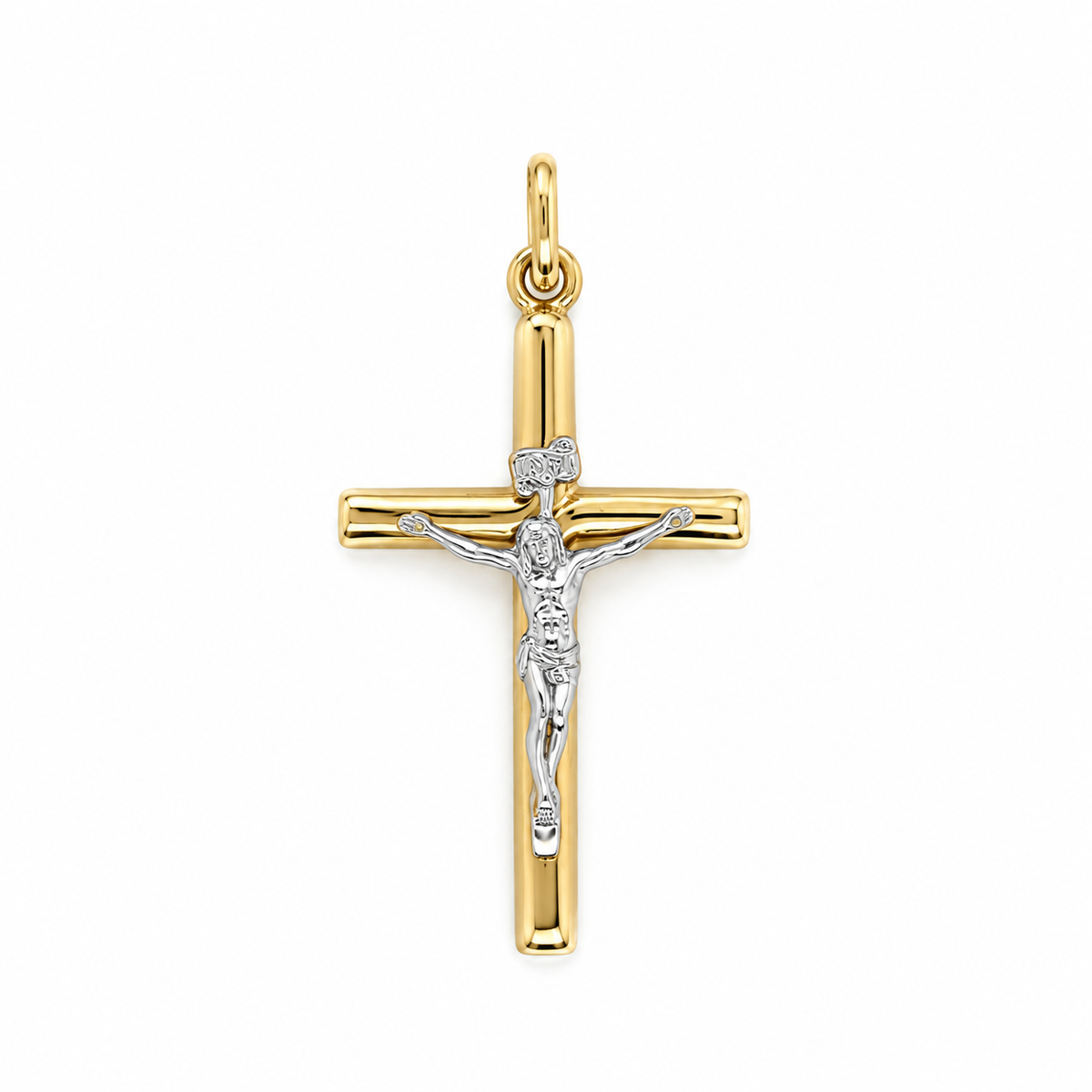 Kruzifix Anhänger aus 585 Gold mit gelbgoldenem Kreuz und weißgoldenem Jesus – Frontansicht
