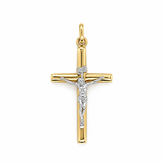 Kruzifix Anhänger aus 585 Gold mit gelbgoldenem Kreuz und weißgoldenem Jesus – Frontansicht