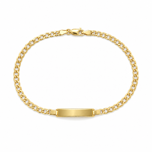 Panzerarmband aus 585 Gelbgold mit beidseitig gravierbarer Platte und Karabinerverschluss in Frontansicht.