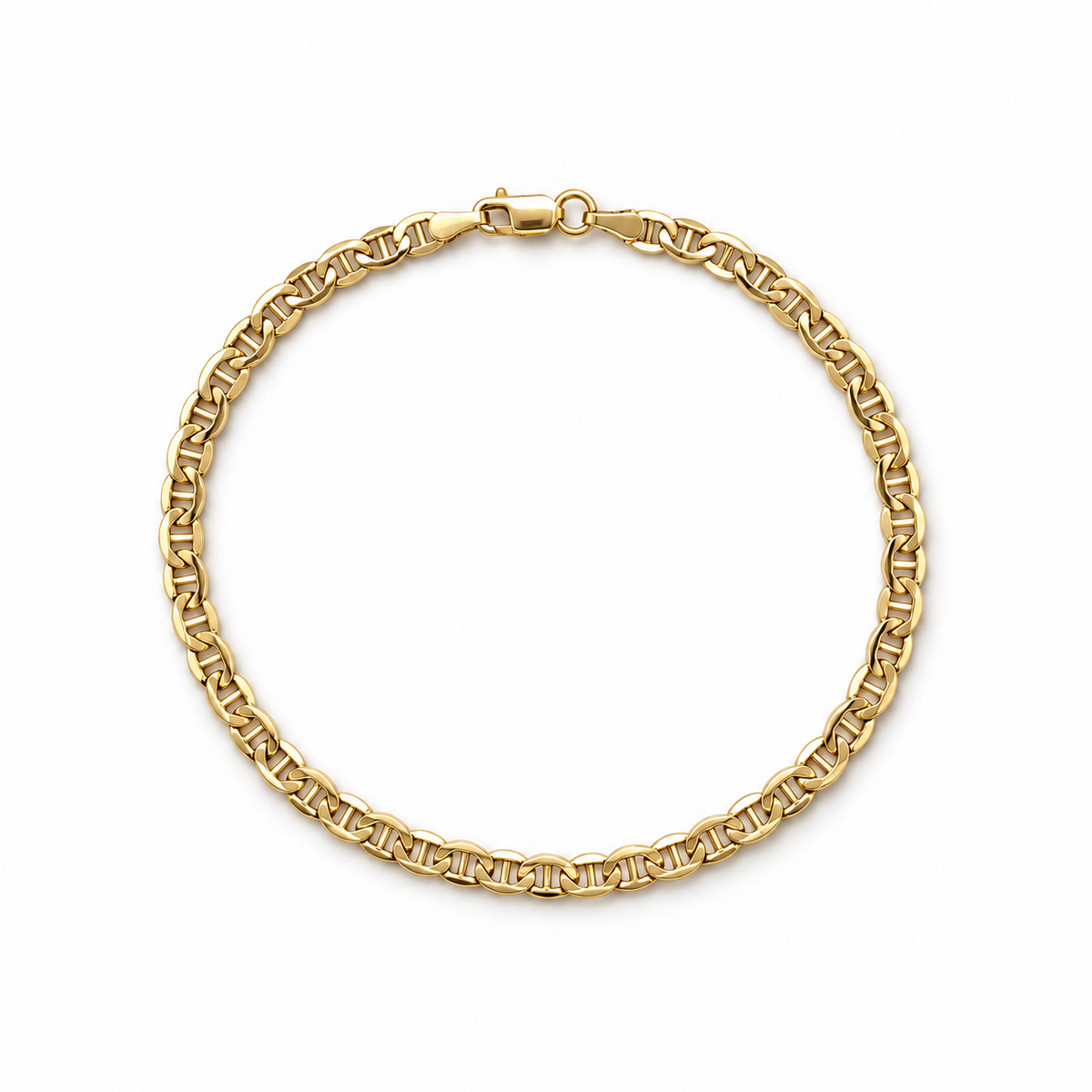 Stäbchenpanzer-Armband aus 585 Gelbgold mit 3,5 mm Breite, polierten Mittelstegen und Karabinerverschluss in Frontansicht.