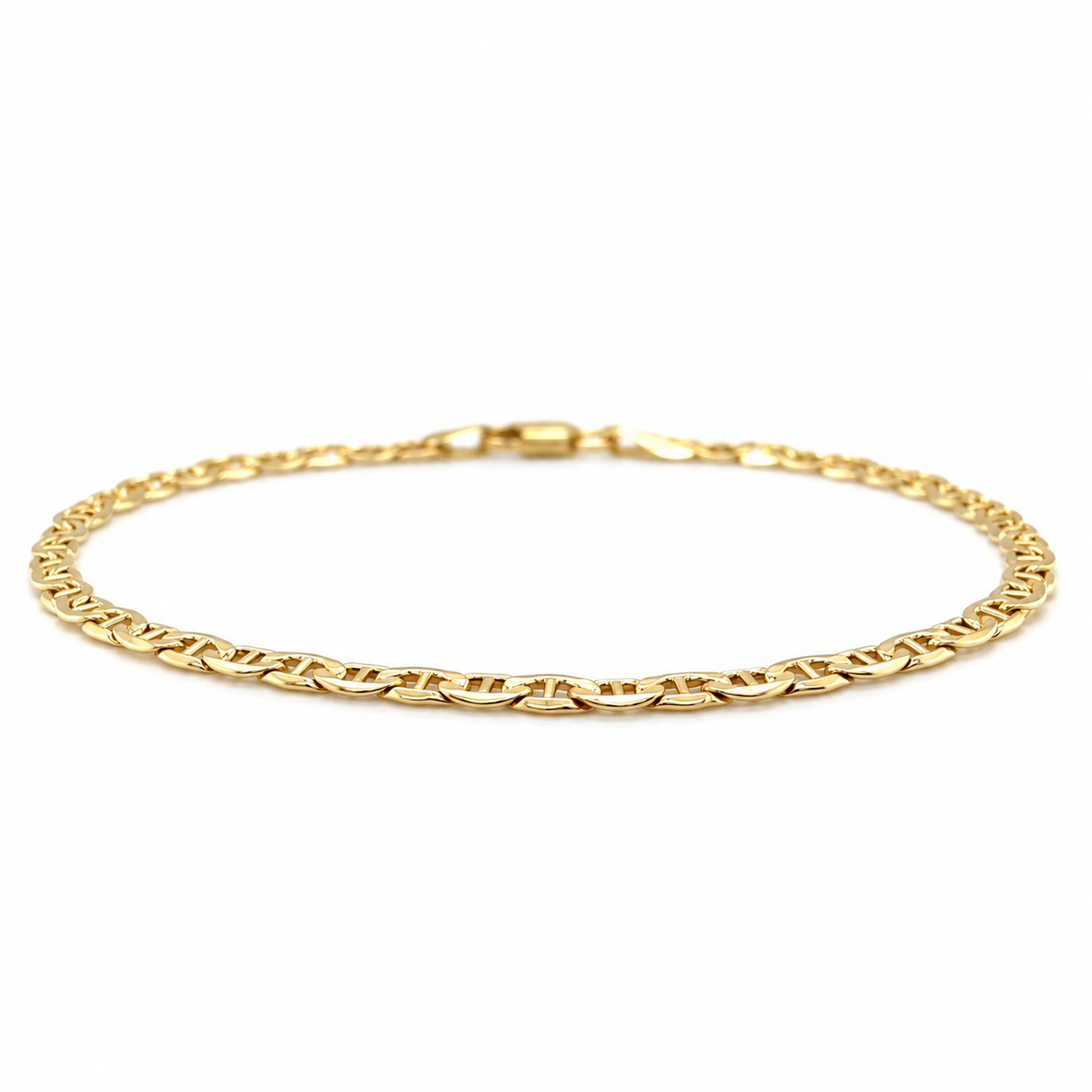 Stäbchenpanzer-Armband aus 585 Gelbgold in flacher Seitenansicht mit glänzend polierten Gliedern und charakteristischen Mittelstegen.